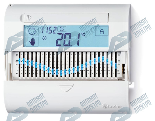 Finder Комнатный цифровой термостат "Touch slide" с суточным таймером; сенсорный экран; питание 3В DС; 1СО 5А; монтаж на стену; цвет белый