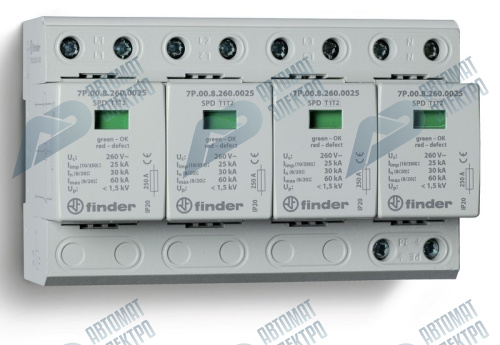 Finder Устройство защиты от импульсных перенапряжений УЗИП тип 1+2 (4 варистор/искровый разрядник); модульный, ширина 144мм; степень защиты IP20