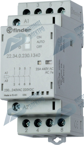 Finder Модульный контактор; 3NO+1NC 25А; контакты AgNi; катушка 230В АС/DC; ширина 35мм; степень защиты IP20; опции: мех.индикатор + LED; упаковка 1шт