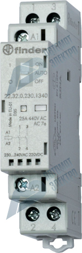 Finder Модульный контактор; 1NO+1NC 25А; контакты AgSnO2; катушка 230В АС/DC; ширина 17.5мм; степень защиты IP20; опции: мех.индикатор + LED; упаковка
