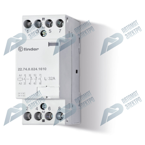 Finder Модульный контактор; 4NC 32А; контакты AgNi; катушка 24В АС/DC; ширина 17.5мм; степень защиты IP20; опции: мех.индикатор; упаковка 1шт.