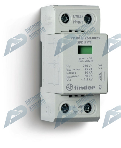 Finder Устройство защиты от импульсных перенапряжений УЗИП тип 1+2 (1 варистор/искровый разрядник); модульный, ширина 36мм; степень защиты IP20