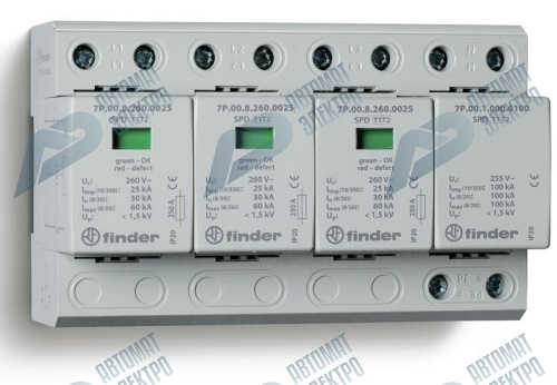 Finder Устройство защиты от импульсных перенапряжений УЗИП тип 1+2 (3 варистор/искровый разрядник + 1 искровый разрядник); модульный, ширина 144мм; ст