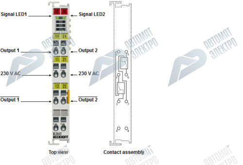Beckhoff. 2-канальный модуль релейных выходов 230 В переменного тока, 300 В постоянного тока, 1 A - KS2652 Beckhoff