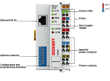 Beckhoff. Модуль контроллера ввода/вывода серии «Economy plus» с интегрированным IEC 61131-3-SPS, 128 кБайт памяти для хранения программ, Ethernet-TCP/IP интерфейс и интегрированным 2-канальный коммутатор; Ethernet-протоколы TwinCAT ADS, Modbus TCP - BC91