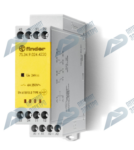 Finder Модульное электромеханическое реле безопасности (реле с принудительным управлением контактами); 2NO+2NC 6A; контакты AgSnO2; катушка 120В AC; в