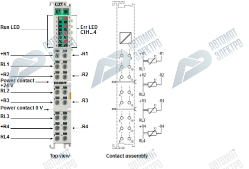 Beckhoff. 4-канальный входной модуль PT100 (RTD) для термометров сопротивления, 16 бит, 3-проводная технология - KL3214 Beckhoff