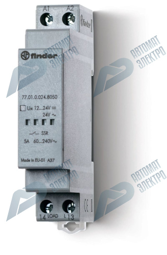 Finder Модульное твердотельное реле; выход 5А (60…240В АС); питание 12…24В DC, 24В AC; Функция "Включ.при пересечении нуля"; ширина 17.5мм; степень за