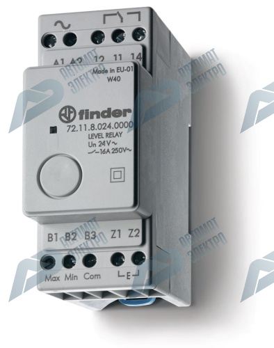 Finder Реле контроля уровня; фиксированный диапазон чувствительности 150кОм; питание 24В DC; выход 1CO 16А; модульное, ширина 35мм; степень защиты IP2