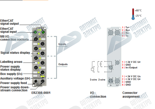 Beckhoff. EtherCAT Box, литой цинковый корпус, 4 цифровых входа 24 В постоянного тока, 10 µs, 4 цифровых выхода 24 В постоянного тока, Imax = 0,5 A, М12 - ER2318-0002 Beckhoff