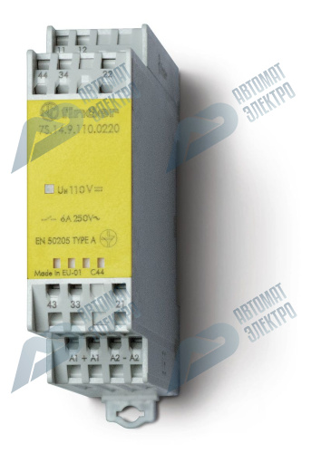 Finder Модульное электромеханическое реле безопасности (реле с принудительным управлением контактами); 3NO+1NC 6A; контакты AgSnO2; катушка 110В DC; б