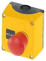 3SB3801-2EG10-0CC0 ENCLOSURE FOR COMMAND DEVICES, 22MM, ROUND, ENCLOSURE MATERIAL METAL, ENCLOSURE TOP PART YELLOW, 1 COMMAND POSITION, A=EMERG.STOP MUSHROOM PUSHB. RED, 40MM, ROTATE-TO-UNLATCH, 2NC, SPRING-TYPE TERMINAL, FLOOR MOUNTING, 2 LOOSE LABELS, M
