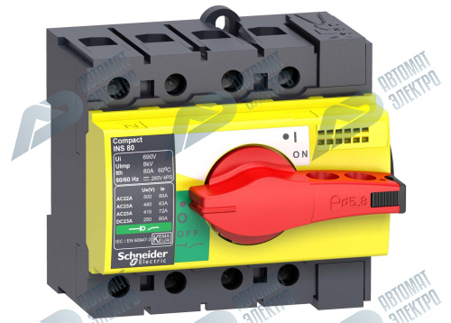 SE Compact INS/INV Выключатель-разъединитель INS63 4P красная рукоятка/желтая панель фото 3