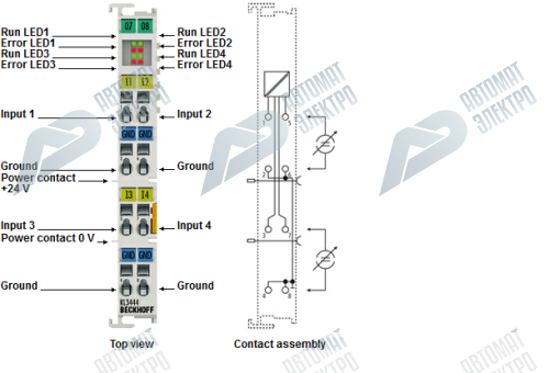 Beckhoff. 4-канальный модуль аналогового входа 0…20 мA, 12 бит, 4 x 2-проводная технология - KL3444 Beckhoff