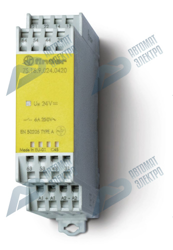 Finder Модульное электромеханическое реле безопасности (реле с принудительным управлением контактами); 4NO+2NC 6A; контакты AgNi; катушка 12В DC; шири
