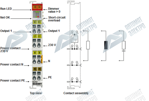 Beckhoff. 1-канальный универсальный модуль диммера, 230 В переменного тока, 600 ВА (Вт), 50 Гц (без контактов питания) - KL2761-0011 Beckhoff