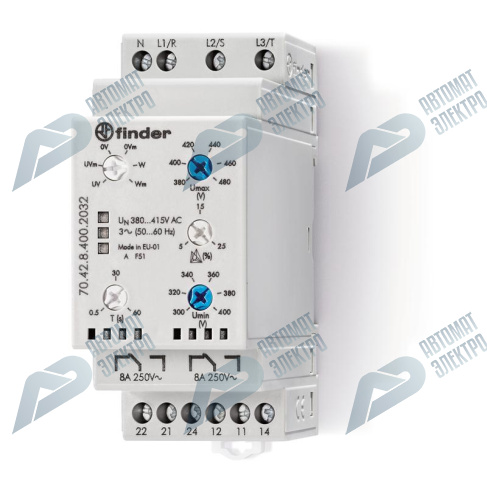 Finder Реле контрольное для 3-фазных сетей; пониженное/повышенное напряжение, обрыв/чередование/асимметрия фаз, контроль нейтрали, настраиваемые диапа