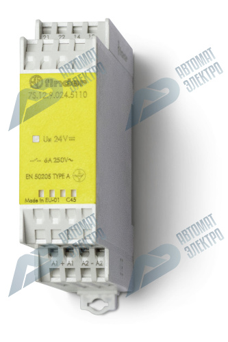Finder Модульное электромеханическое реле безопасности (реле с принудительным управлением контактами); 1NO+1NC 6A; контакты AgNi+Au; катушка 24В DC; ш