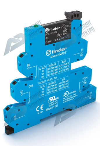 Finder Интерфейсный модуль, электромеханические реле, серия MasterINPUT; 1CO 6A; контакты AgNi+Au; питание 24В AC/DC; категория защиты IP20; безвинтов