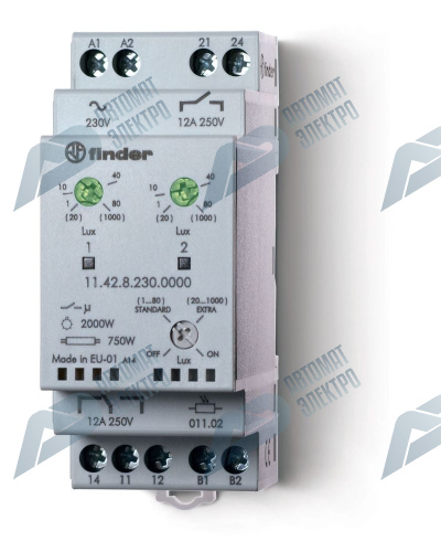 Finder Фотореле модульное с фотоэлементом 011.02; монтаж на рейку 35мм; 1CO+1NO 12A (2 канала); питание 230В АC; настройка чувствит. 1…80люкс, 20…1000