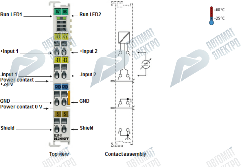 Beckhoff. 2-канальный модуль аналогового входа 0…20 мA, дифференциальные входы, 16 бит, с передискретизацией - EL3742 Beckhoff