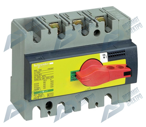SE Compact INS/INV Выключатель-разъединитель INS160 3P красная рукоятка/желтая панель фото 2