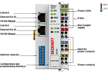 Beckhoff. Модуль контроллера ввода/вывода с интегрированным IEC 61131-3-SPS, 64 кБайт памяти для хранения программ, Ethernet TCP/IP интерфейс и интегрированным 2-канальный коммутатор; Ethernet-протоколы TwinCAT ADS, Modbus TCP - BC9100 Beckhoff