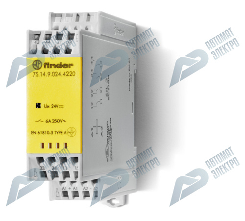 Finder Модульное электромеханическое реле безопасности (реле с принудительным управлением контактами); 2NO+2NC 6A; контакты AgSnO2; катушка 24В DC; бе