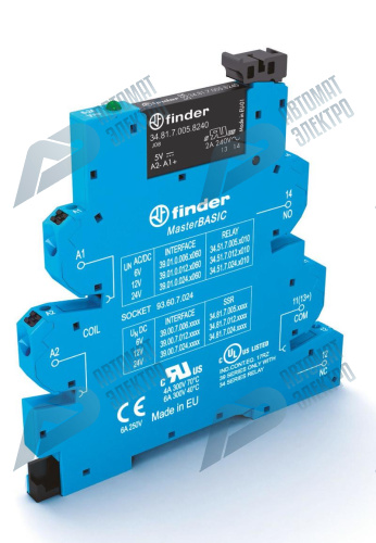 Finder Интерфейсный модуль (сборка 34.81.7.024.8240 + 93.60.7.024), твердотельное реле, серия MasterBASIC; выход 2A (240В AC); питание 24В DC; категор