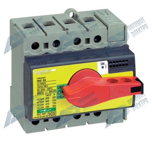 SE Interpact INS/INV Выключатель-разъединитель INS40 3P красная рукоятка/желтая панель фото 3