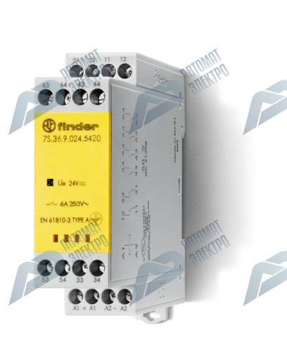 Finder Модульное электромеханическое реле безопасности (реле с принудительным управлением контактами); 4NO+2NC 6A; контакты AgNi+Au; катушка 48В DC; в
